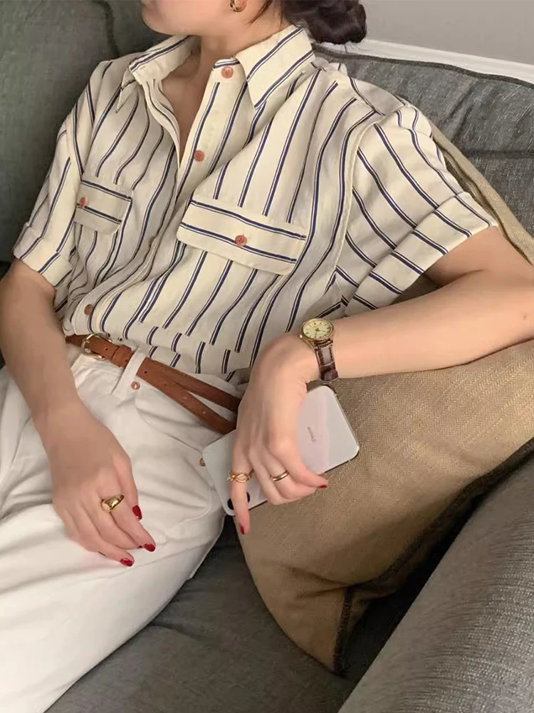 คลาสสิกเก๋ฤดูร้อน Vintage ort Sve หลวม Fit ปุ่มผู้หญิง irt Retro ลาย ket อเนกประสงค์ Casual Busin Sle