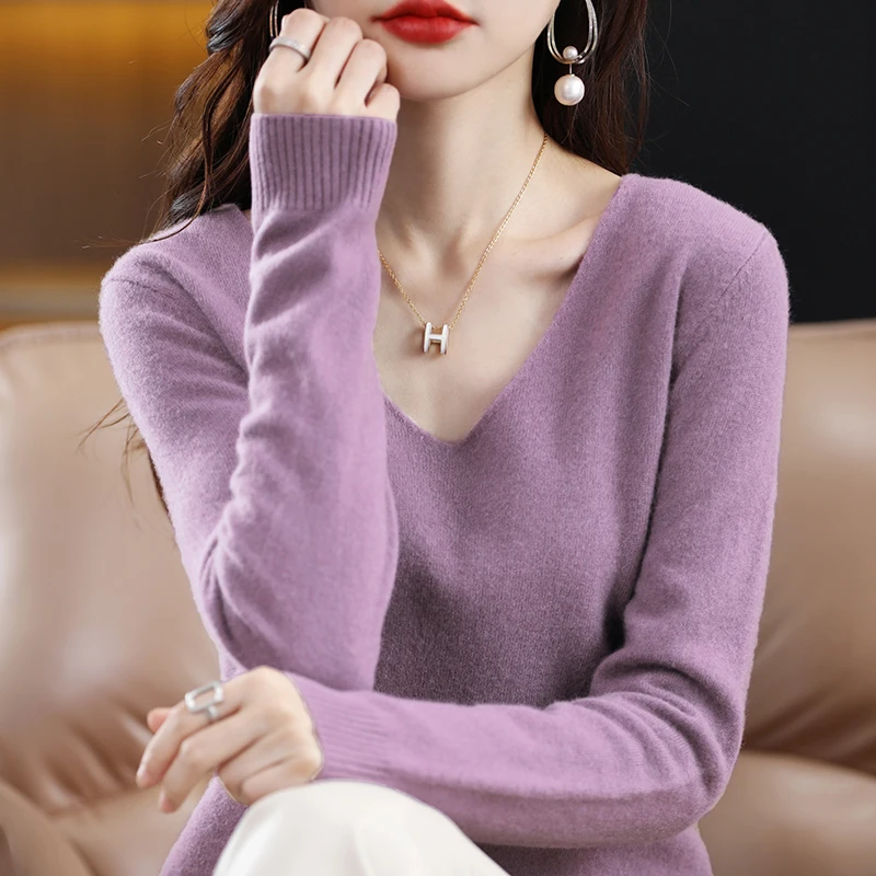 Autumn Winter New Cashmere Sweater Women Solid Color V-neck Pullovers Knitting Sweater Fashion Korean Long Sleeve Loose Tops