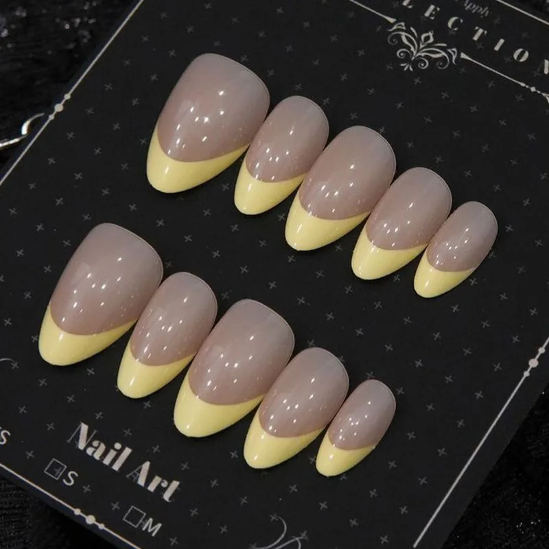 Nude Cream Yellow French Press On Nails,Simple Gentle Medium Almond False Nails,Luxury Removable Reusable Popular Manicure Nail