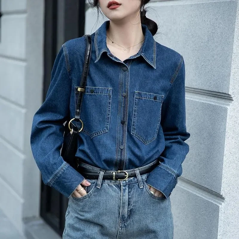 Jeans Shirts Womens Spring Blue Lady Tops Turn-down Neck Cotton Long Sleeve Blusas Blue Pockets Loose Woman Jeans Shirts Blouses