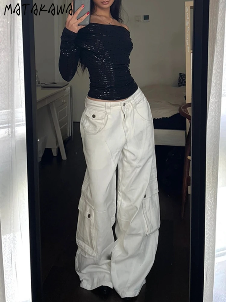 Matakawa Pantaloni in denim bianco Donna Solid Streetwear Primavera Autunno Vintage Pantalones Mujer Moda Y2k Pantaloni hiphop larghi