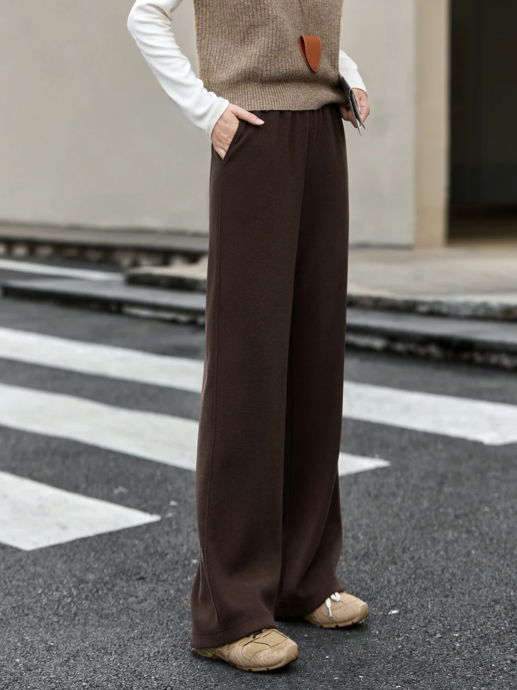 VIMLY Women's Pants Brown Vintage 2025 Autumn Casual Knitted Straight Long Pants Warm Draping Pockets Female Sweatpants A2519