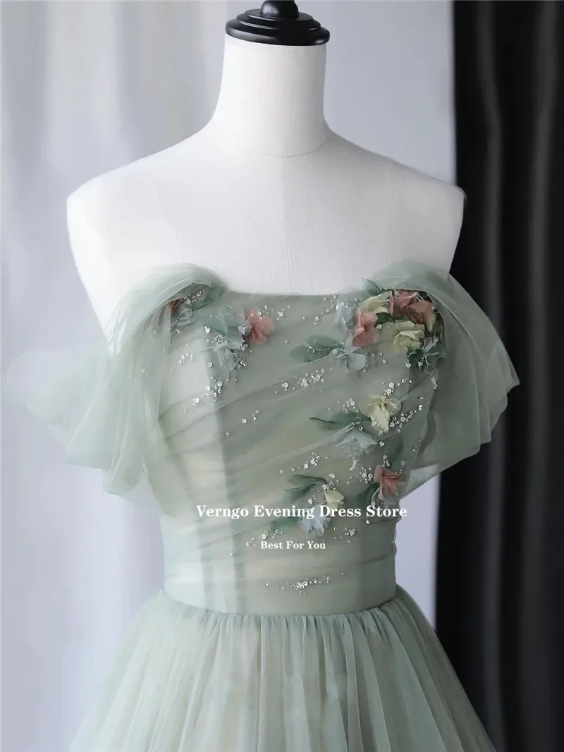 Verngo Elegant Pale Green Tulle Long Prom Dress 3D FlowerOff the Shoulder Sequin Party Dress Formal Evening Gown Customized