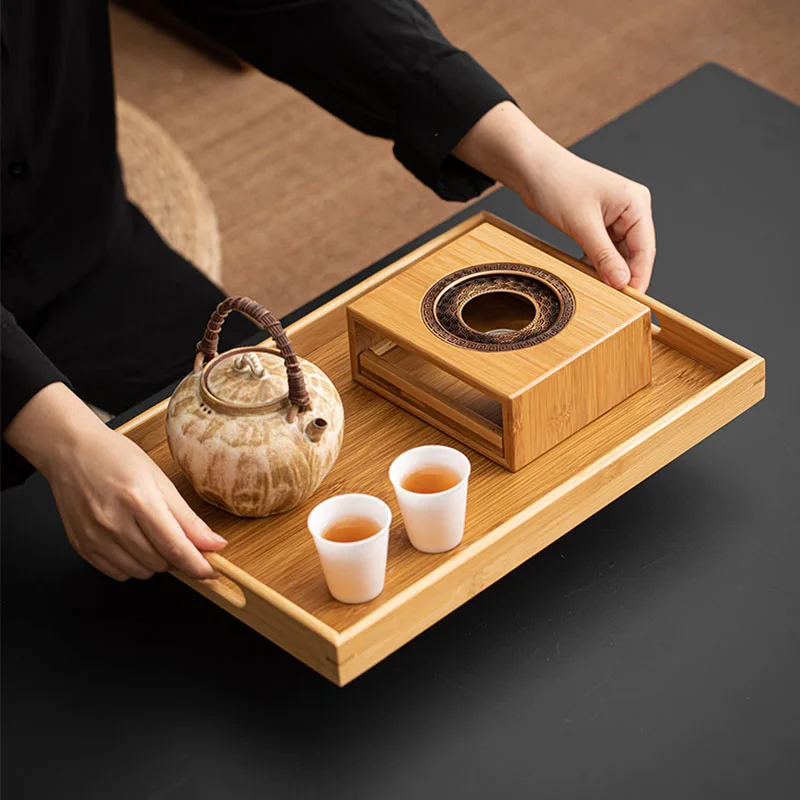 ySquare Bamboo Tea Tray with Hidden Water Reservoir, Carved Decorative Teapot Stand, Home Gongfu Tea Dry Brew Base