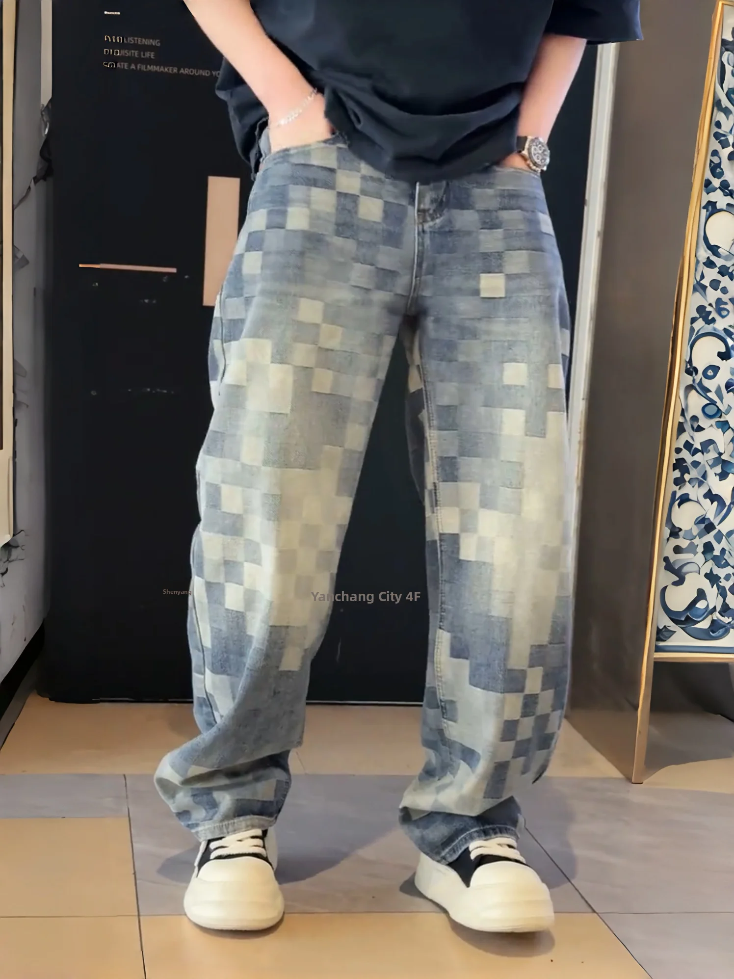 

Washed Denim Banana Men's Pants American Checkerboard Wide Leg Straight Mosaic Trendy Spring Summer Casual Cotton Jeans