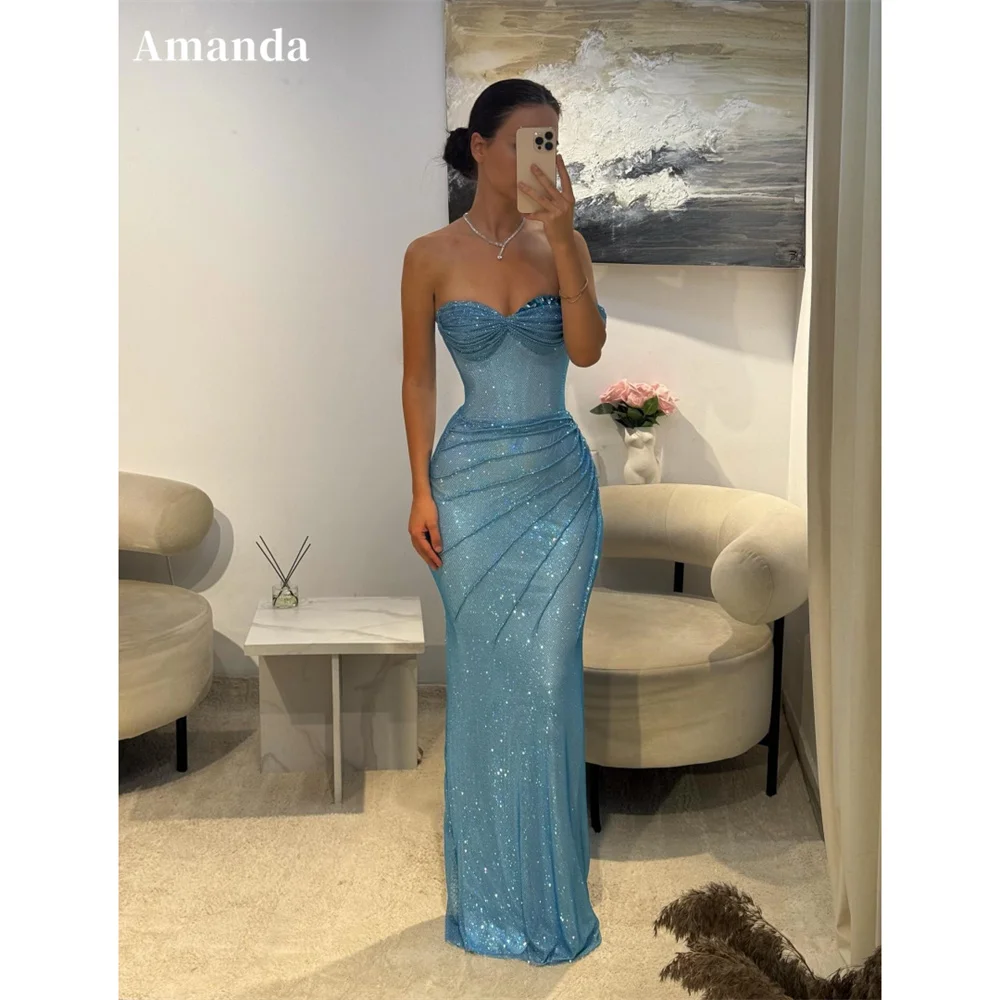 

Amanda Customized Blue Sweetheart Neck Glitter Prom Dress Sheath Sleeveless vestidos de noche Ruffle Floor-Length Formal Evening