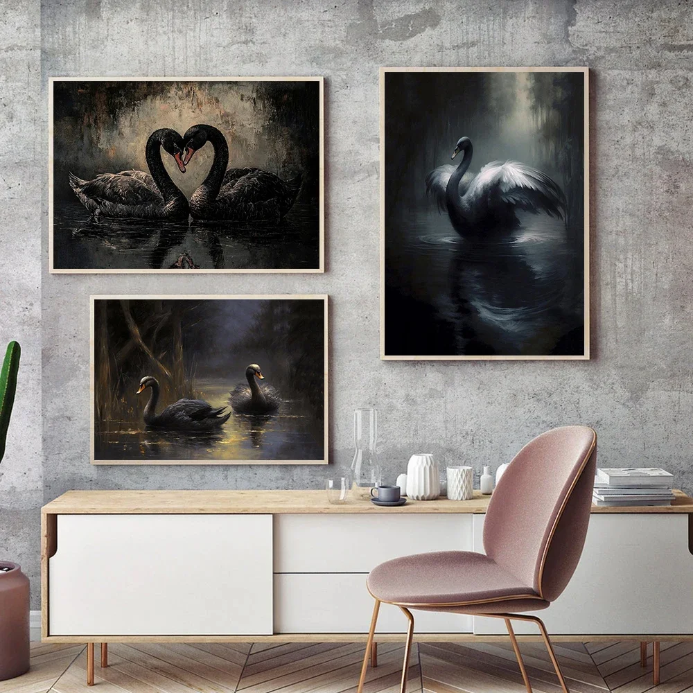 Canvas Painting Dark Forest Wildlife Fox Lion Black Swan Retro Posters Prints Wall Art Picture Living Room Home Decor Wall Decor