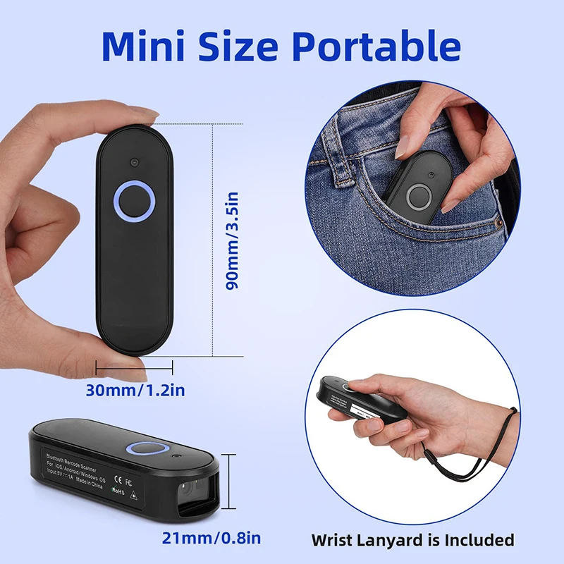 Picture 3: Mini Wireless Barcode Scanner 1D 2D QR Code Scanner USB Bluetooth Pocket QR Reader IOS Android Windows for Mobile Payment