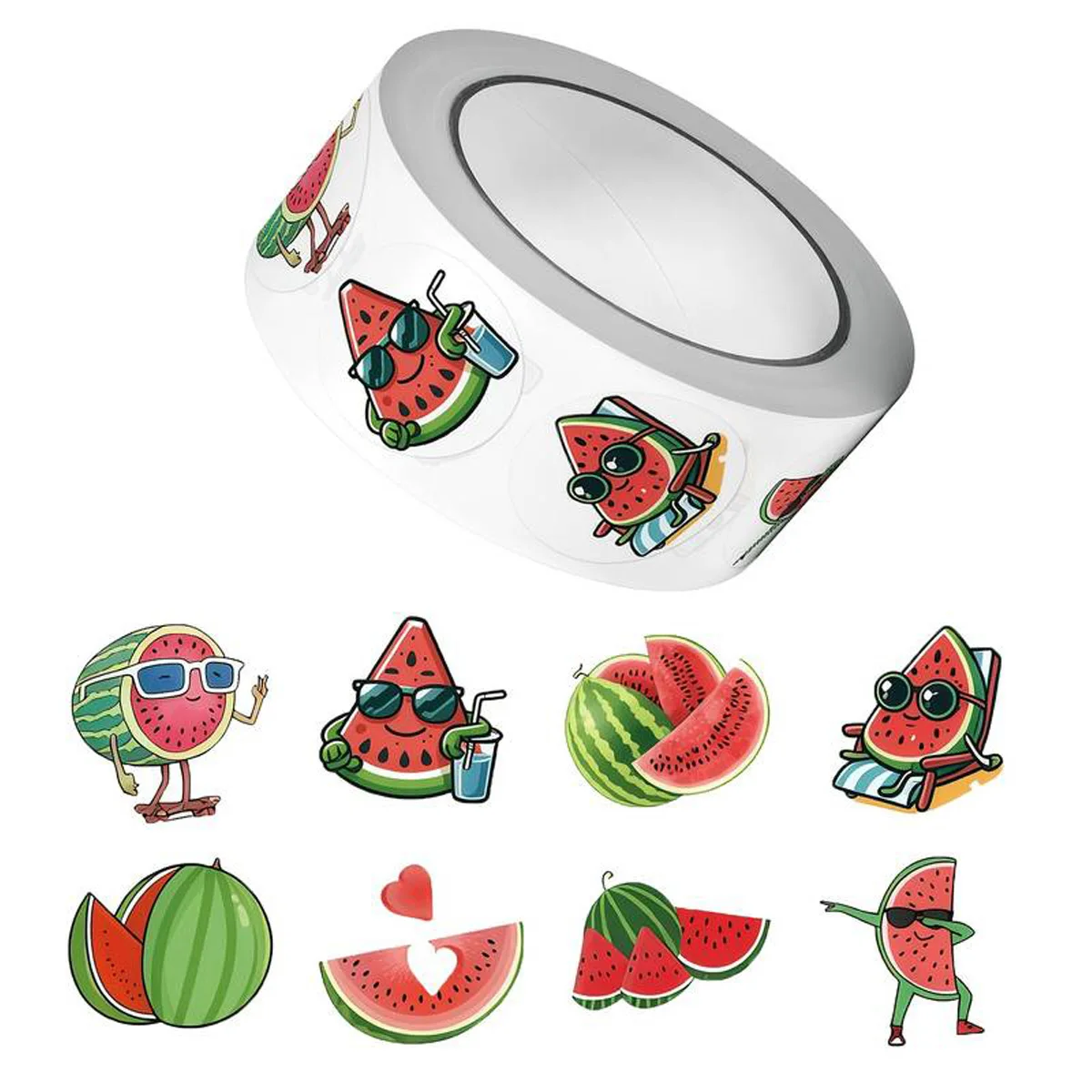 JCAC 500pcs/roll Cartoon Watermelon Stickers Roll, Self-Adhesive Funny Watermelon Decals for Journal & Laptop Decoration