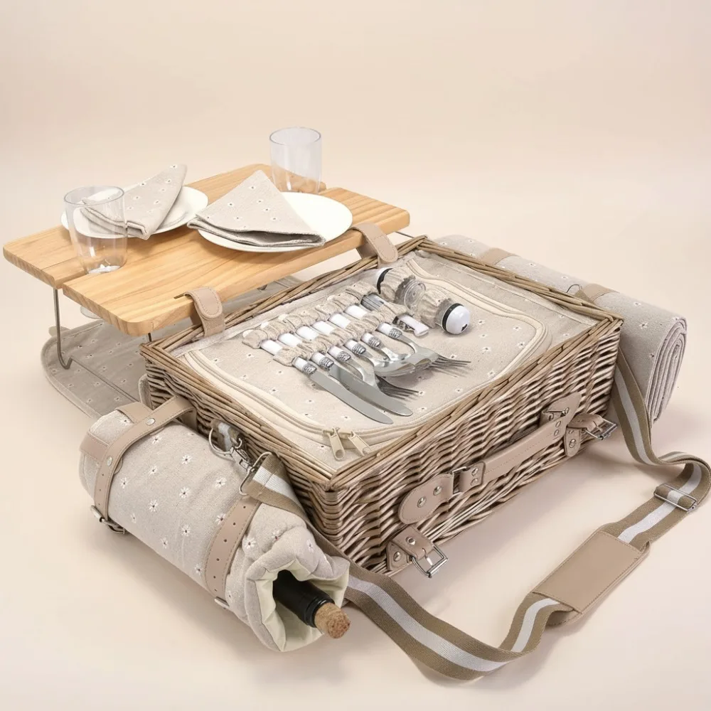 

Multifunctional Picnic Basket Set for 2 with Blanket, Table & Full Tableware - Romantic Outdoor Camping Gift for Couples