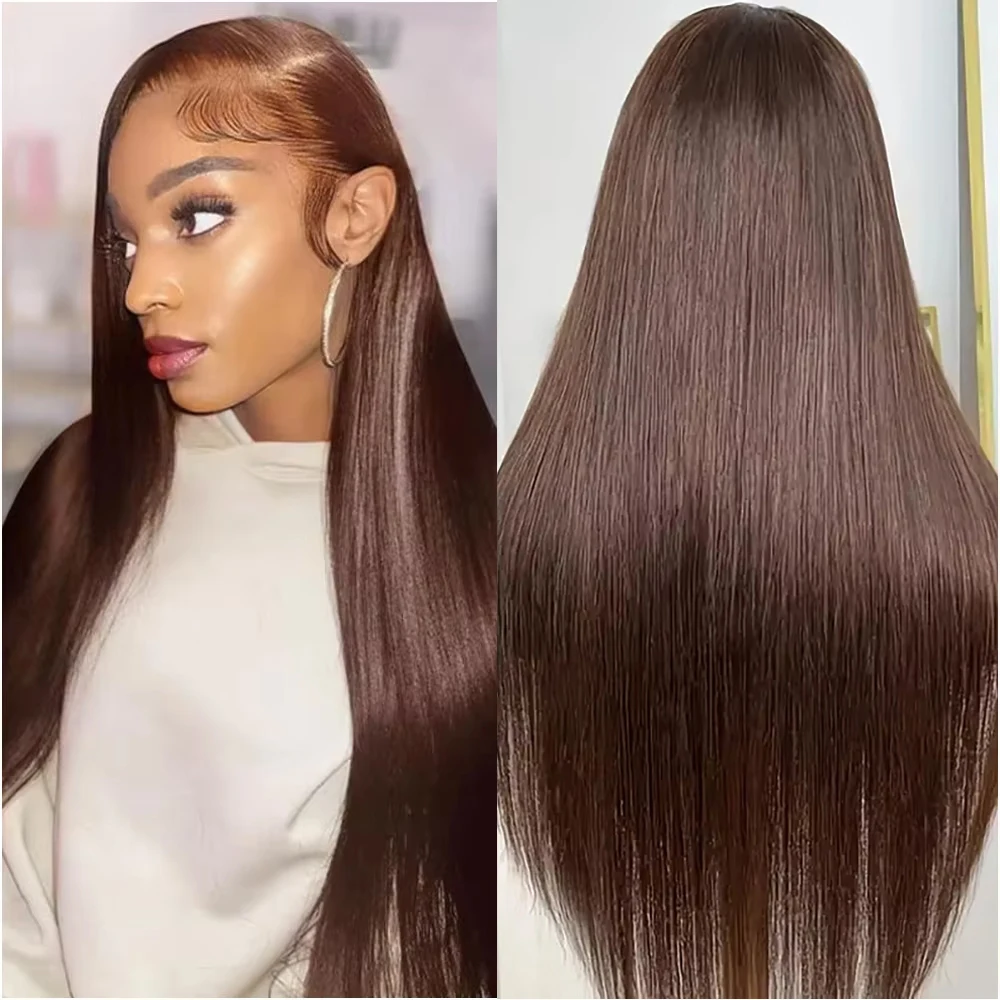 

#4 Chocolate Brown Straight Lace Frontal Human Hair Wig 13x6 HD Lace Frontal Pre Plucked 46 Inches Human Hair Wigs For Women