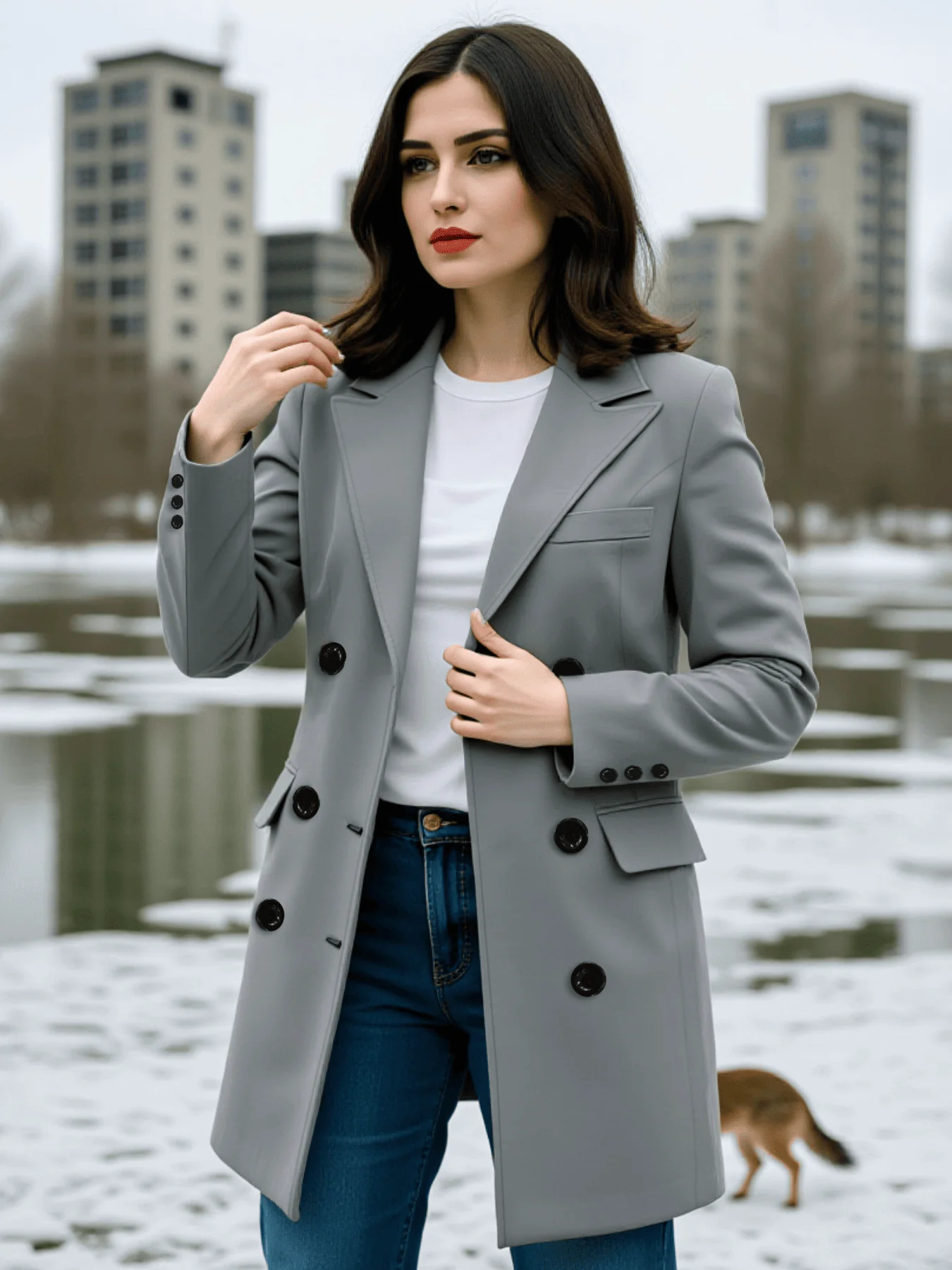 

Wool Coat Women's Fashion Double-Breasted Wool Coat for Autumn Winter Thickened Warmth for Outdoor Commute Wool Coat