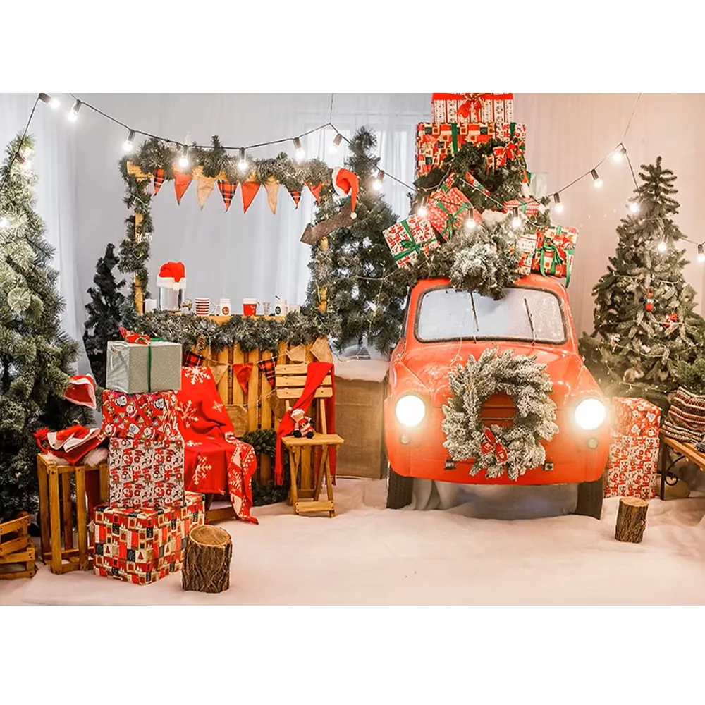 

Cymbozin Kids Xmas Party Backdrop Photography Printed Christmas Trees Red Car Garland Presents Family New Year Photo Background