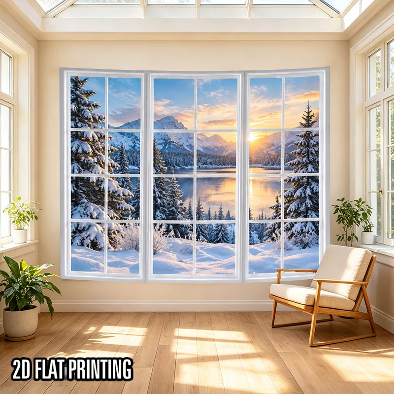 Winter Scenery Tapestry, Snow Pine Mountain Lake Sunset Window View Print Wall Hanging for Bedroom Living Room Dorm Home Decor