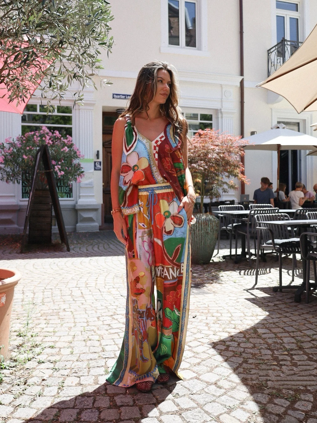 Silk Hand-Painted Oil Painting Print Top Wide Leg Pants Set 2026 New Holiday Style Two-Piece Suit Women's Summer Fashion