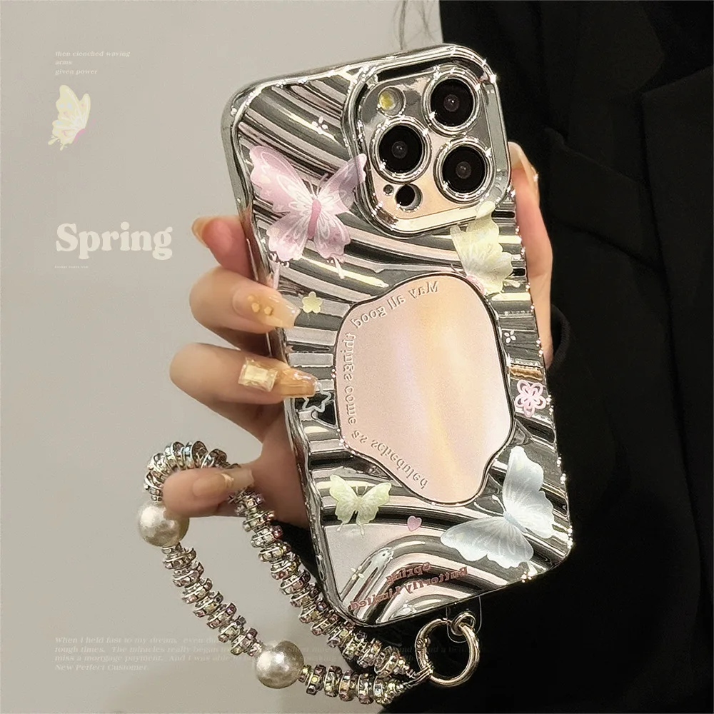 Y2K Schmetterling Überzug Welle Spiegel Telefon Fall Für iPhone 16 15 14 13 12 11 Pro Max XR X XS 7 8 Plus Armband Stoßfest Abdeckung