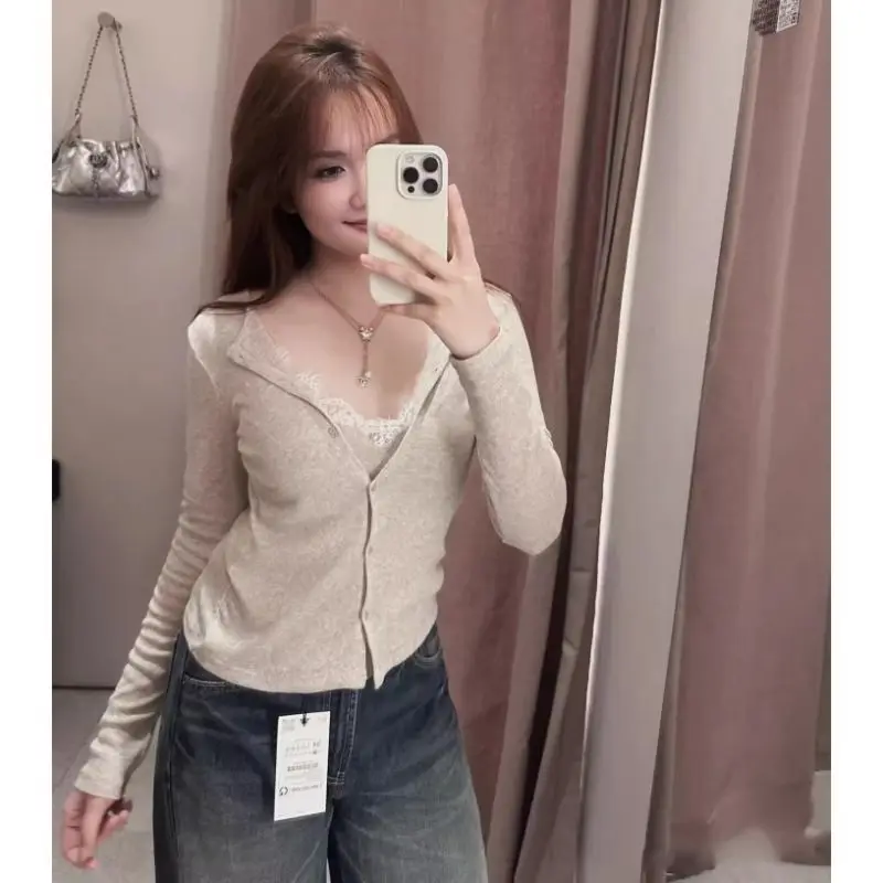 Ladies V Neck Soft Knit Cardigan Light Grey Button Front Long Sleeve Slim Waist Cropped Stretchy Casual Spring Autumn Outerwear