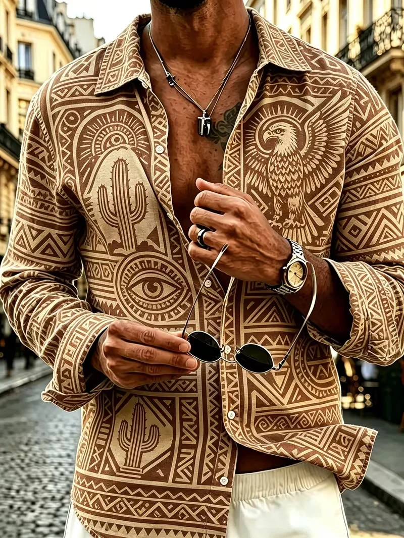 Men's long-sleeved shirt with gold chain, diamond grid and red rose composite print, plus smooth high-gloss satin lapel top