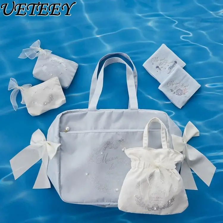 Japanese Style Tote Bag Women Summer New Ocean Cute Shell Pearl Travel Bags Satin Lightweight Cloth Bags Handheld Shoulder Bag