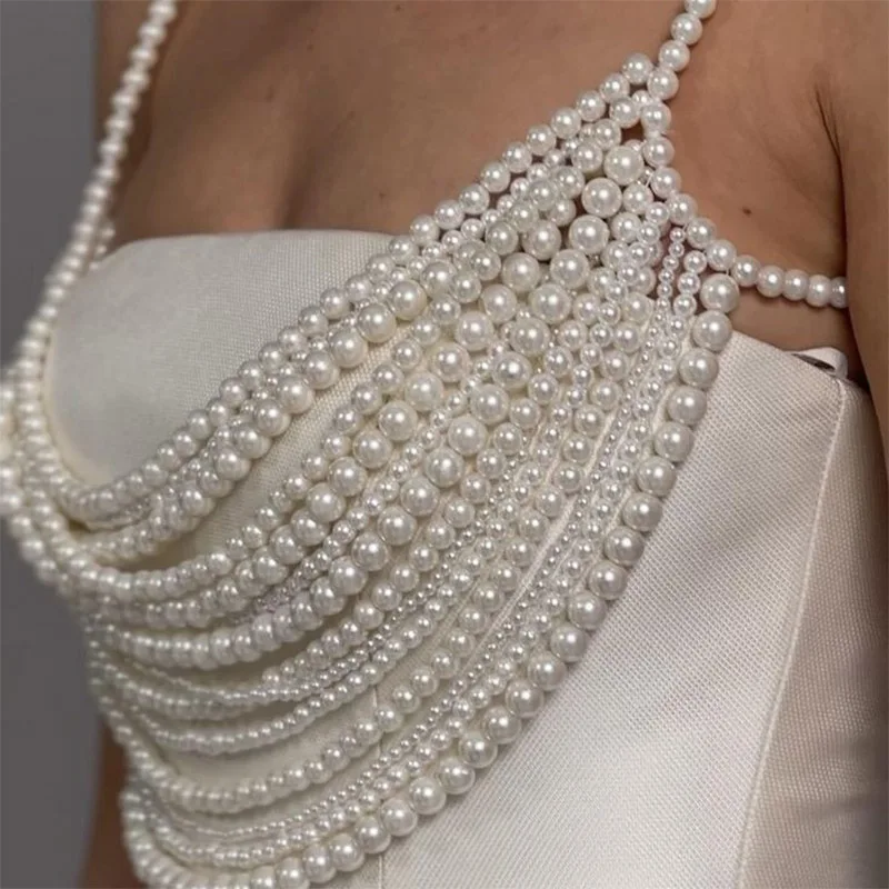 

Women White Beaded Bridal Pearl Harness Party Wedding Bust Jewelry Pearl Top Body Chain Bralette Female Handmade Pearl Bustier
