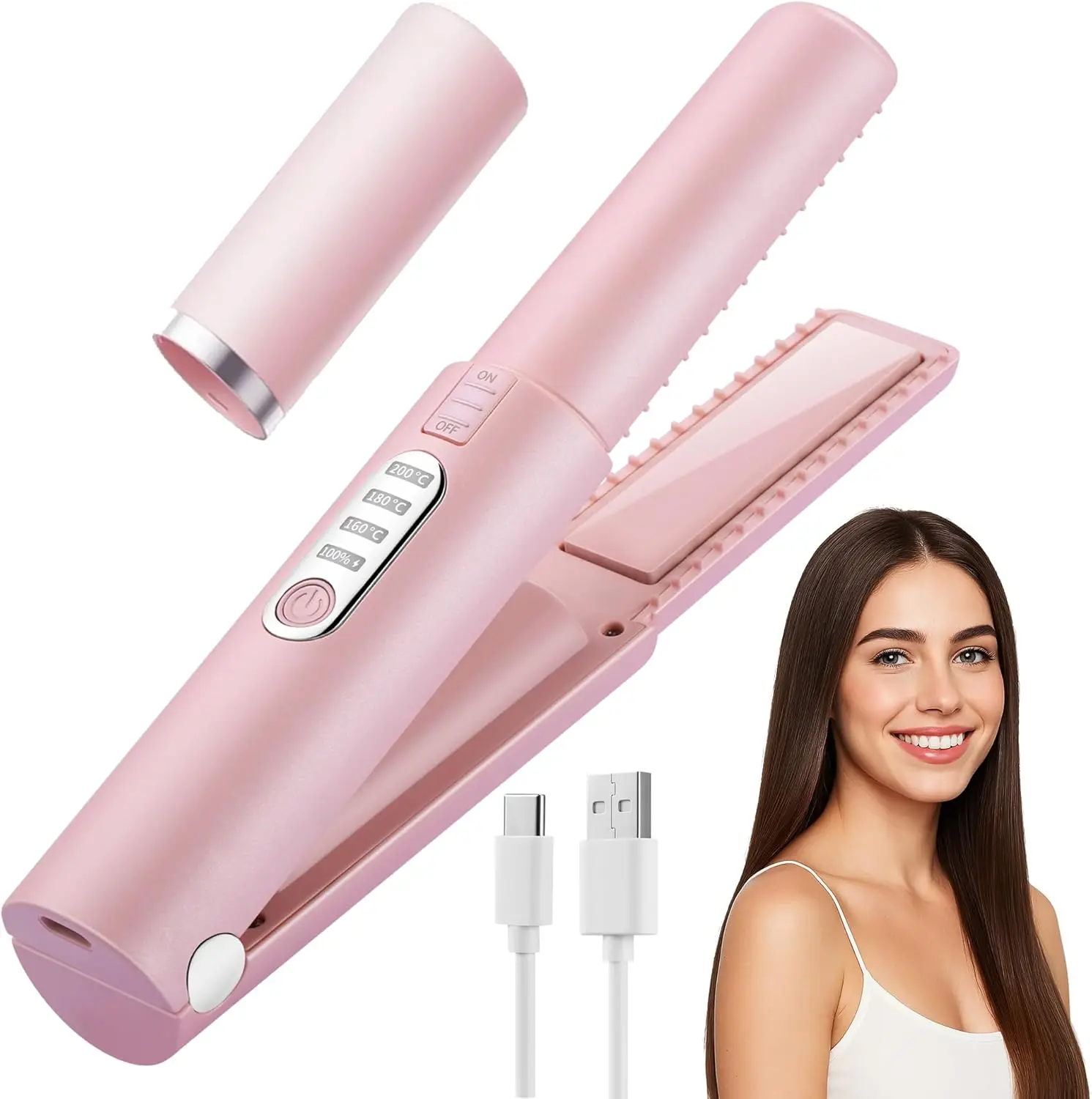 

USB-C Rechargeable Mini Hair Straightener for Travel, 3 Temp Settings, Dual Voltage, 50 Min Cordless Use