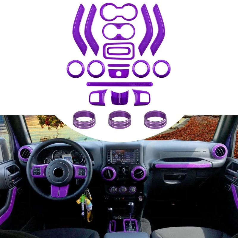 

21 PCS Car Interior Decoration Trim Kit Steering Wheel & Center Console Trim For JK Jeep Wrangler 2011-2017