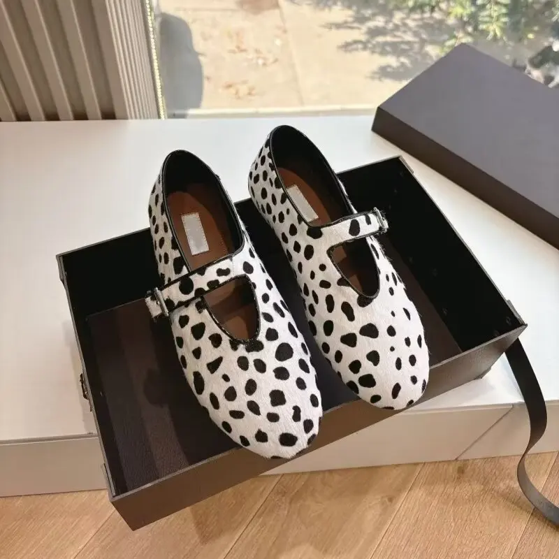

Дизайнерские оригинальные туфли Мэри Джейн с леопардовым принтом из конского волоса, женские балетки на плоской подошве с неглубоким вырезом, туфли-лодочки