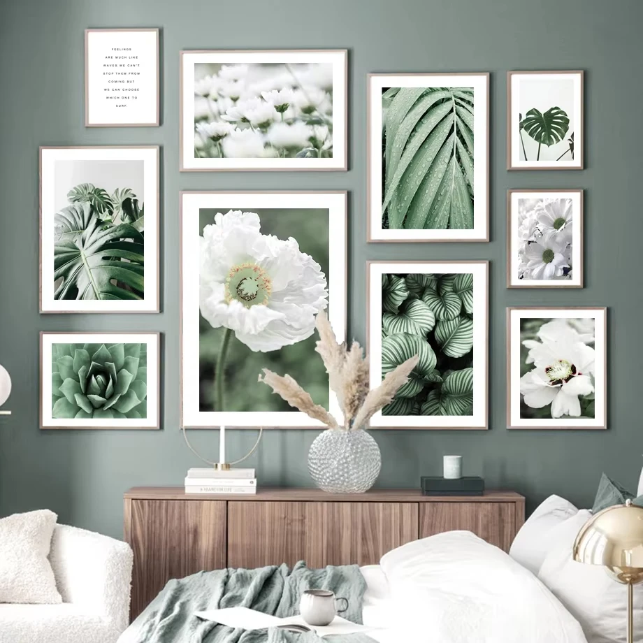 Bloom White Fresh Flower Green monstera Leaf Cactus Poster Plant Wall Art Print Canvas Painting Wall Picture Living Room Decor