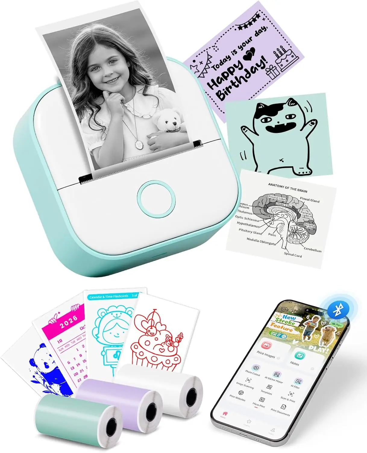 

Portable Thermal Inkless Sticker Maker with Bluetooth, Smart AI App for Students, Journaling, DIY Projects and Gifts