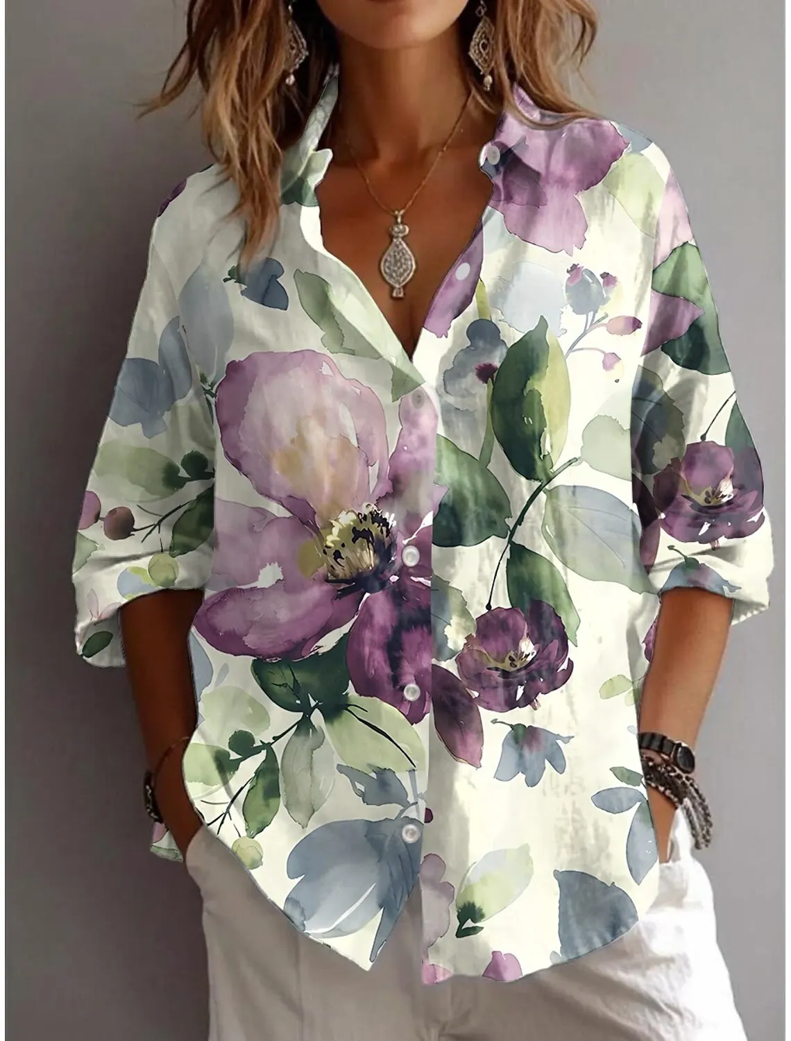 

Summer Women's Shirt Flower Active Stylish Blouse Lapel Neck Blouse Women's Long Sleeve Shirts Womens Clothing Female Clothes