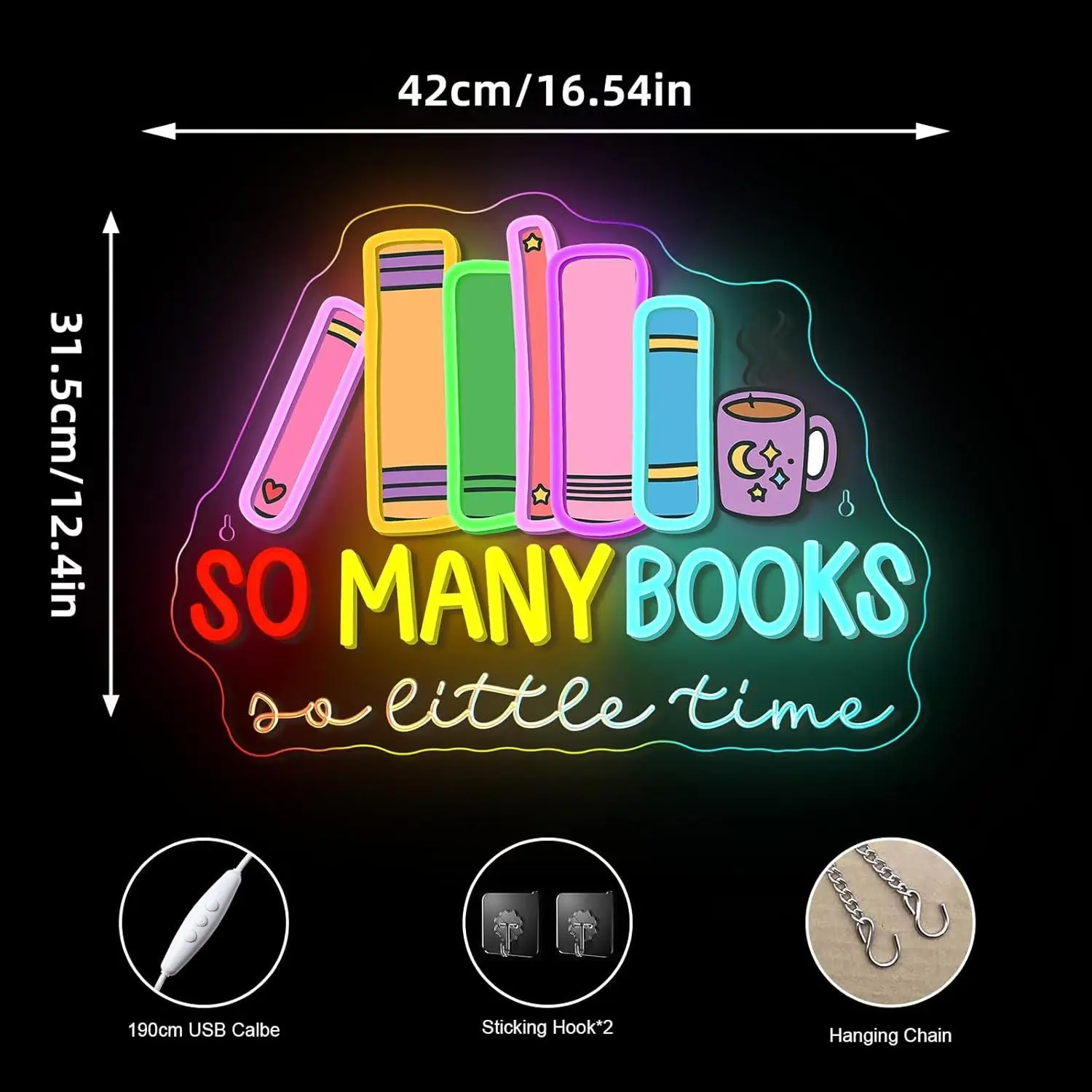 So Many Books A Little Time Neon Sign LED Lights for Reading Corner Classroom Library Cool Kids Read Book Club Gift for Teens