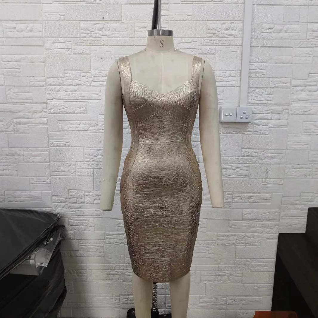 Sexy Low Cut Bodycon Dr Cross-Border Sle Svel Themed Gold Bandage Dr Faionable Hot Par Wear mid Waist Knitted