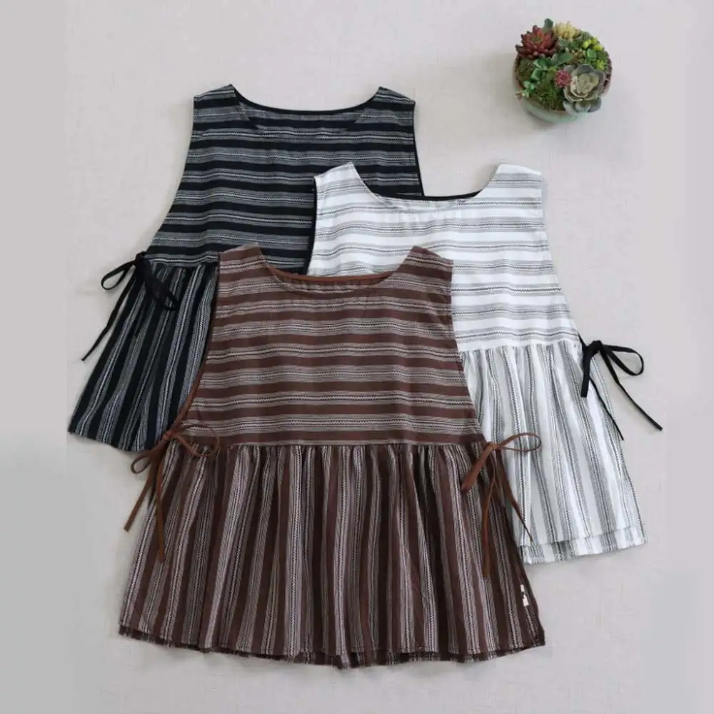 

Japanese Mori Girl Vintage Striped Cotton Vest Tank Tops Women Spring Summer O-Neck Side Lace Up Sleeveless Casual Vest Outwear