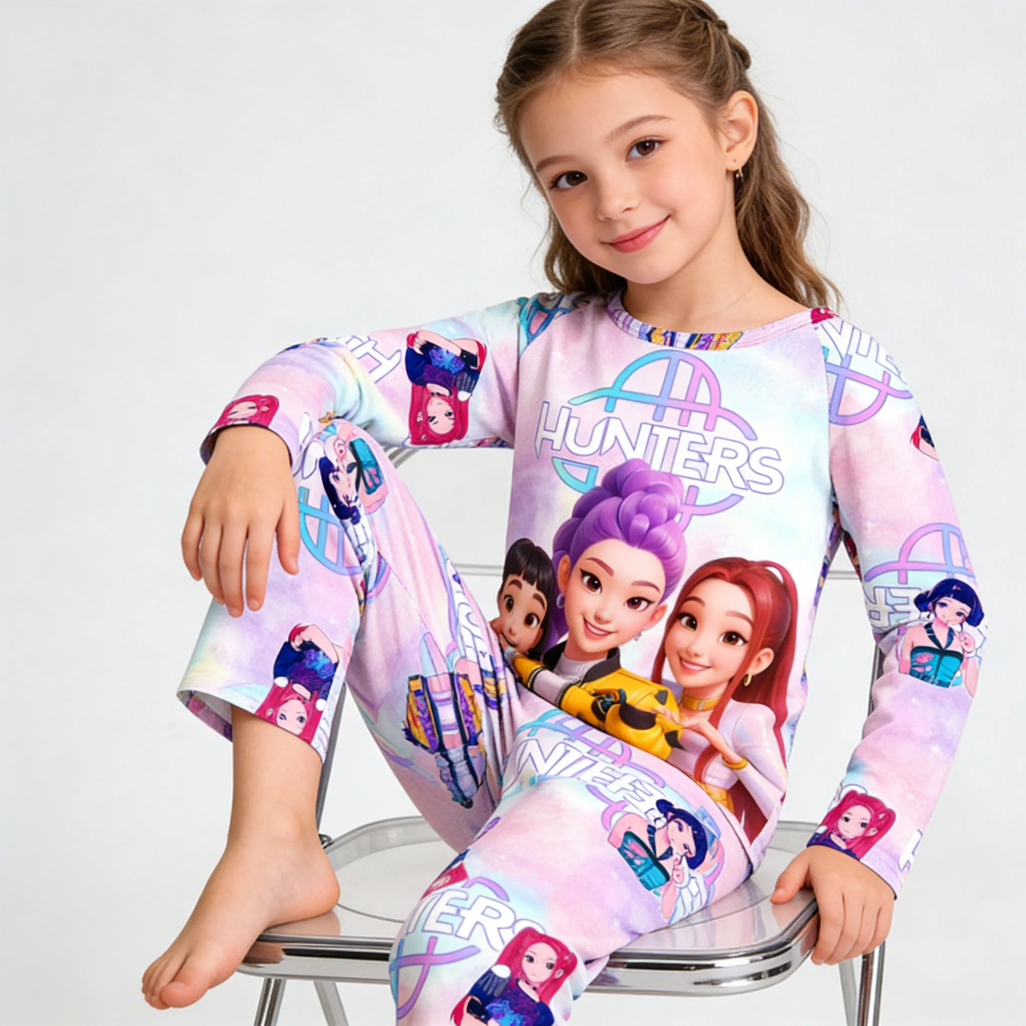 3-12 Years Girls Pajamas Sets Korean Teenagers Pink Purple Long Sleeve Kids Pyjama Toddler Boys Pijamas 2pcs Children's Clothing