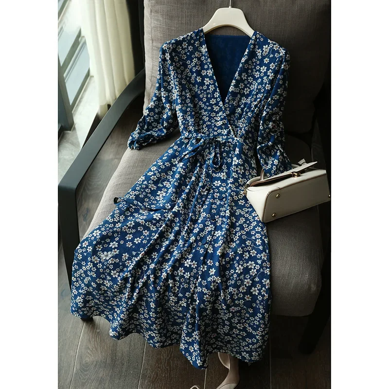 Printed Clear Pear Flower French Style Slimming Mulberry Silk Tea Break Dress Women V-neck Summer Tea Break Dress Blue Floral