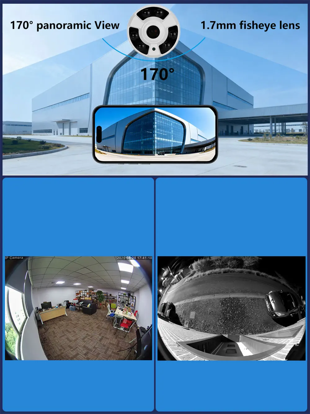 1.7mm Fisheye Lens,Ultra-wide angle, 4K 2K 8MP 5MP Video, RJ45 LAN+WIFI,Audio Recording,IR 30m