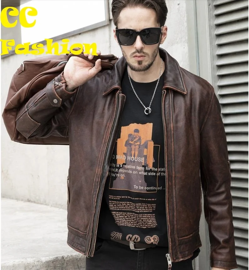 shipping.2023 Popular style Free genuine Leather jacket.Vintage brown cowhide coat,Men fashion biker jacket.Asian size Heavy