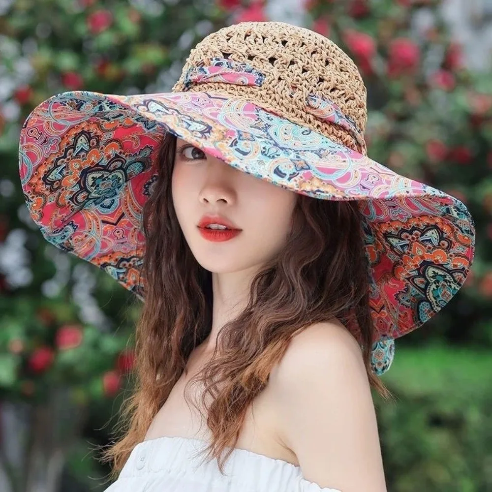 Ethnischer Stil, großer Strohhut mit breiter Krempe, exquisite Blumen, faltbarer Strandhut, UV-Schutz, atmungsaktiver Sonnenschutzhut für den Sommer – Detail 4