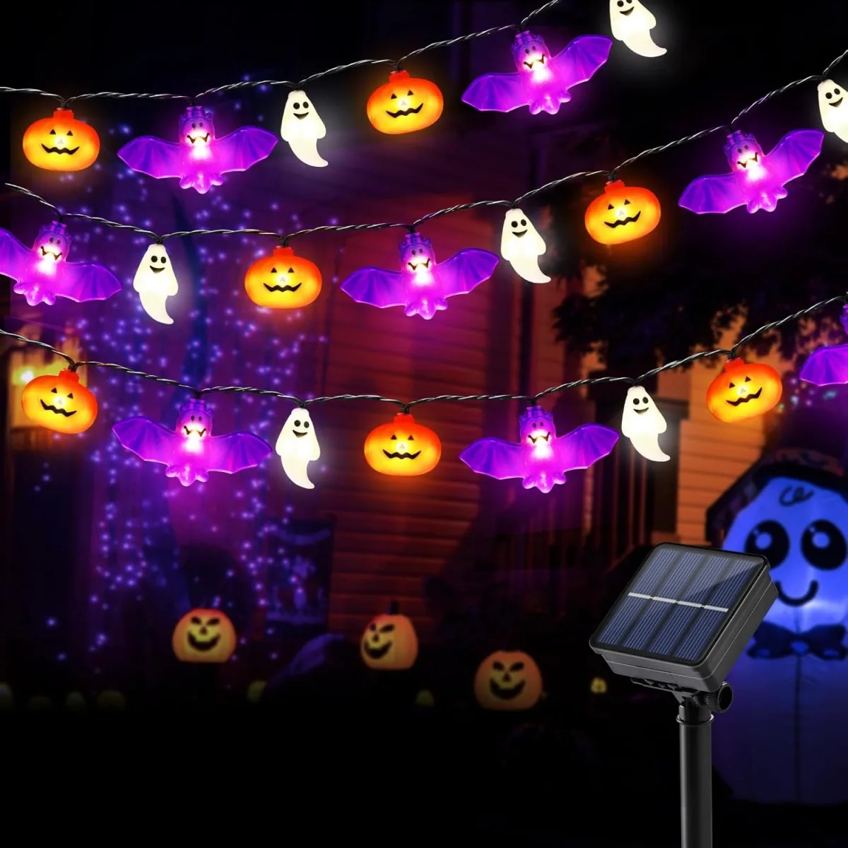 1pc 20/30 LED Bat & Ghost & Pumpkin Solar String Light Outdoor Garden Lamp With 8 Lighting Modes For Home Yard Halloween Decor
