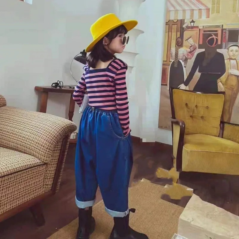 Girls' Bottoming Shirt Striped Square Neckline Slim-fit Line Top T-shirt 2024 Autumn New Children's Clothing