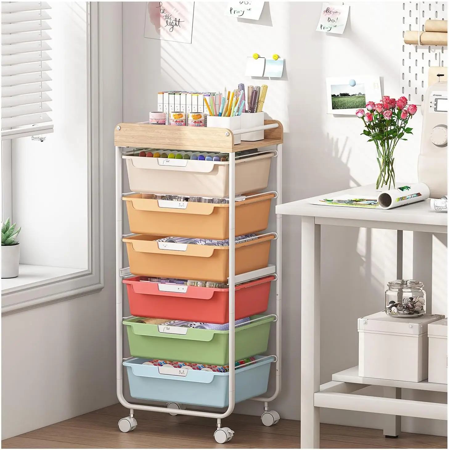

Rolling Cart with 6 Drawers, Utility Storage Cart, Art Craft Organizer, Makeup Organizer with Wooden Tabletop, Rainbow