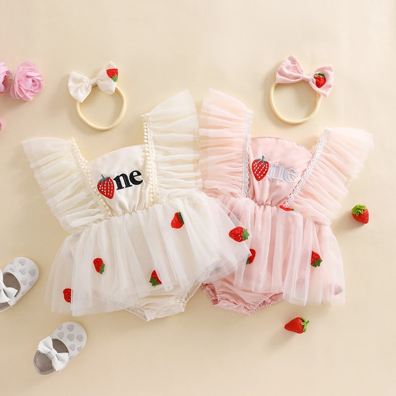 6-18M Baby Girl's 2Pcs First Birthday Outfit Set Strawberry Embroidery Fly Sleeve Lace Layered Tulle Romper Dress+ Bow Headband