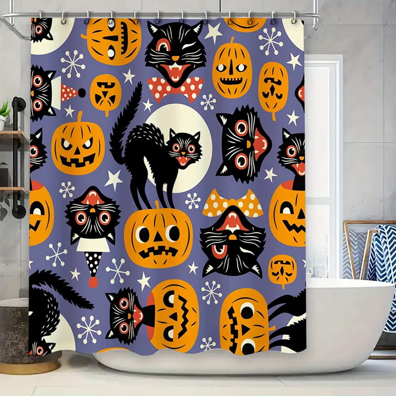 

Занавеска для душа на тему Хэллоуина с игривыми котами с тыквенными лицами идеально подходит для создания жуткой атмосферы в вашей партии.