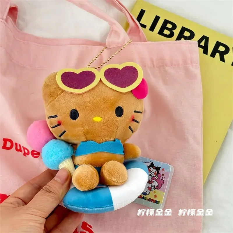 2024 Black Skin Hello Kitty Hawaiian Style Bag Pendant Cartoon Brown Swimming Circle Plush Keychain Kawaii Backpack Decoration