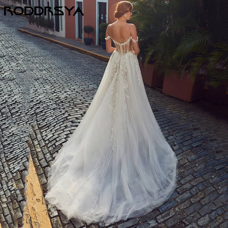 RODDRSYA-vestido de novia de línea A con hombros descubiertos, vestido de princesa bohemio de encaje con escote Corazón, tul, fiesta nupcial, Perla elegante, tren de barrido sin espalda vestido de novia de línea A con