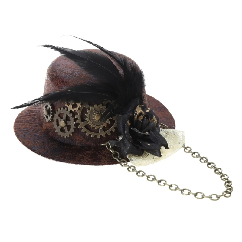 Kobiety Halloween Gothic Mini Top Hat Steampunk Gears Chain z kwiatami i piórami Fascinator spinka do włosów wiktoriańskie przebranie na karnawał