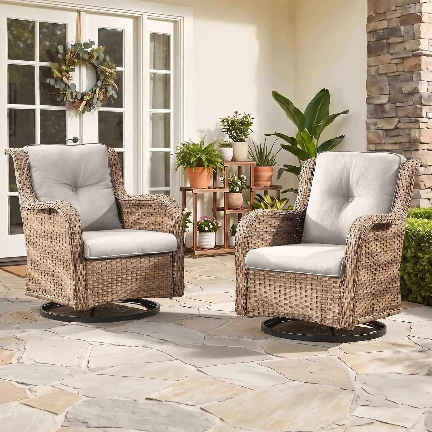 Outdoor Patio Swivel Rocker Chairs - Wicker Rattan Patio Swivel Rocking Chairs Set of 2 with High Back,Deep Seating, Customized
