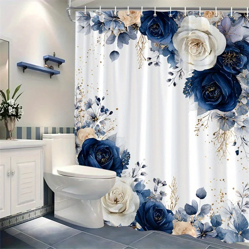 1 Elegant Blue Peach Rose Lace Shower Curtain - White Background Gold Trim with Hook Machine Washable Polyester Material