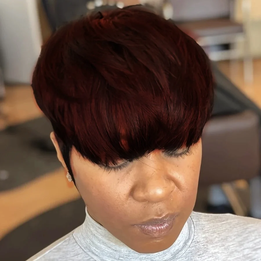 짧은 인모 가발 여성용 픽시 컷 가발 머리 기계 제작 가발