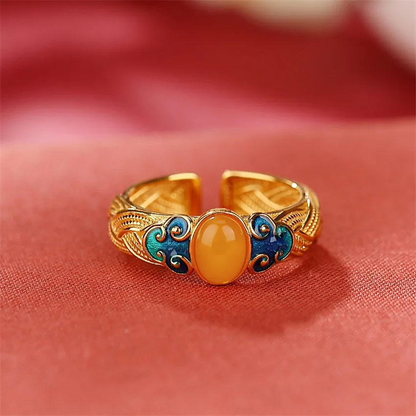 Ancient gold craftsmanship natural yellow chalcedony lotus enamel porcelain rings for women palace style luxury dinner jewelry